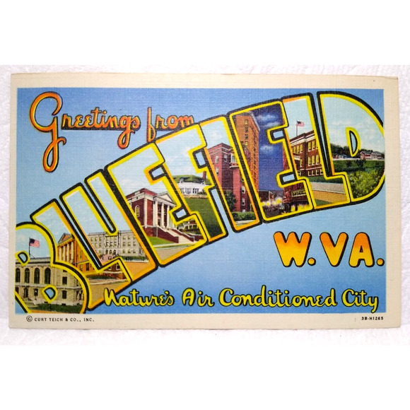 Greetings From Bluefield West Virginia Large Letter Postcard Linen Curt Teich - Picture 1 of 2
